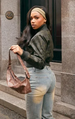 PrettyLittleThing Bomber Jackets*Faux Leather Rib High Neck Shoulder Padded Bomber Jacket