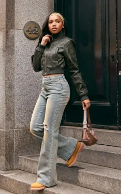 PrettyLittleThing Bomber Jackets*Faux Leather Rib High Neck Shoulder Padded Bomber Jacket