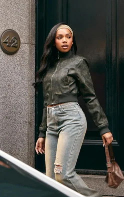 PrettyLittleThing Bomber Jackets*Faux Leather Rib High Neck Shoulder Padded Bomber Jacket