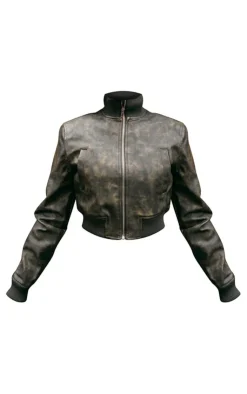 PrettyLittleThing Bomber Jackets*Faux Leather Rib High Neck Shoulder Padded Bomber Jacket