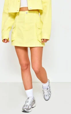 Hot PrettyLittleThing Washed Pocket Denim Cargo Skirt Lemon