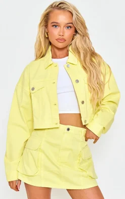 Hot PrettyLittleThing Washed Pocket Denim Cargo Skirt Lemon