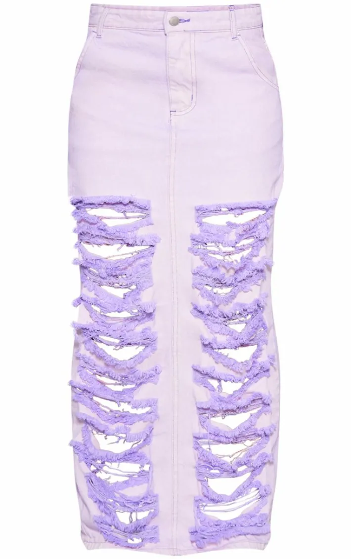 Washed Lilac Distressed Extreme Denim Midi Skirt