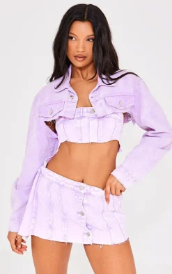 Hot PrettyLittleThing Extreme Cropped Denim Jacket Washed Lilac