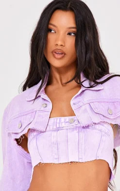 Hot PrettyLittleThing Extreme Cropped Denim Jacket Washed Lilac