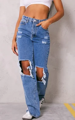 Washed Mid Blue Ripped Open Knee Split Hem Jeans