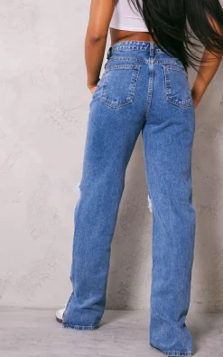 Washed Mid Blue Ripped Open Knee Split Hem Jeans
