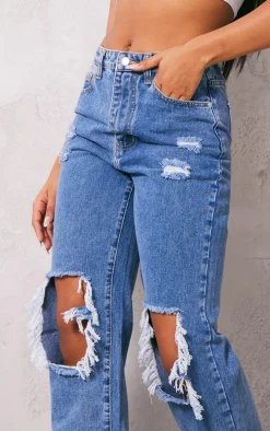 Washed Mid Blue Ripped Open Knee Split Hem Jeans