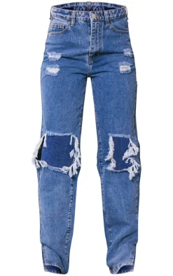 Washed Mid Blue Ripped Open Knee Split Hem Jeans