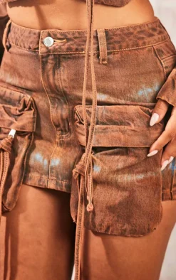 Washed Orange Denim Cargo Micro Mini Skirt
