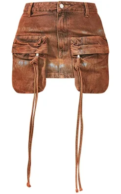 Washed Orange Denim Cargo Micro Mini Skirt