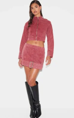 Best PrettyLittleThing Buckle Detail Denim Mini Skirt Washed Red