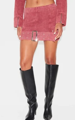 Best PrettyLittleThing Buckle Detail Denim Mini Skirt Washed Red