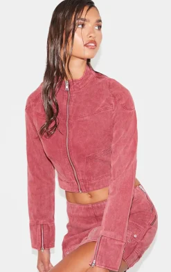 Clearance PrettyLittleThing Racer Neck Cropped Denim Jacket Washed Red