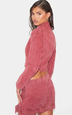 Clearance PrettyLittleThing Racer Neck Cropped Denim Jacket Washed Red