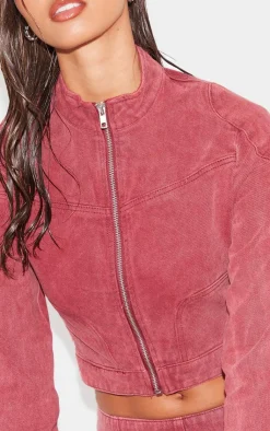 Clearance PrettyLittleThing Racer Neck Cropped Denim Jacket Washed Red