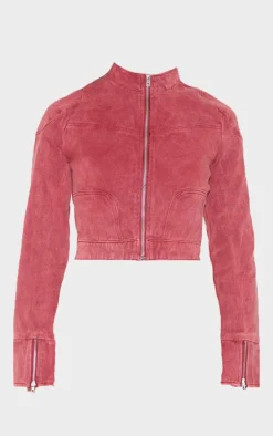 Clearance PrettyLittleThing Racer Neck Cropped Denim Jacket Washed Red