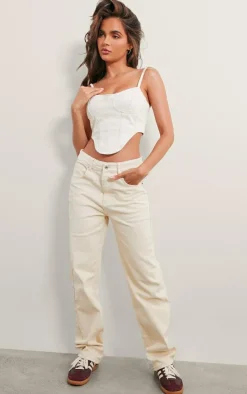 Online PrettyLittleThing Dipped Hem Denim Corset Top Washed Stone