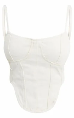 Online PrettyLittleThing Dipped Hem Denim Corset Top Washed Stone