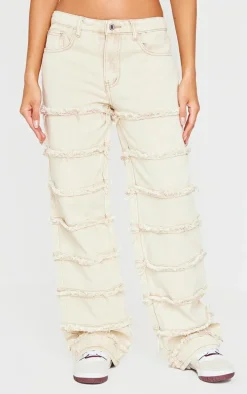 Washed Stone Frayed Striped Seam Wide Leg Jeans