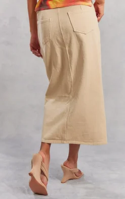 Washed Stone Split Front Mid Rise Denim Midi Skirt