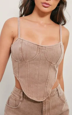 Outlet PrettyLittleThing Dipped Hem Denim Corset Top Washed Taupe