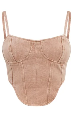 Outlet PrettyLittleThing Dipped Hem Denim Corset Top Washed Taupe