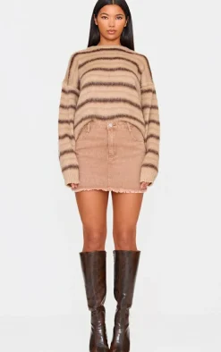 Online PrettyLittleThing Raw Hem Denim Mini Skirt Washed Taupe