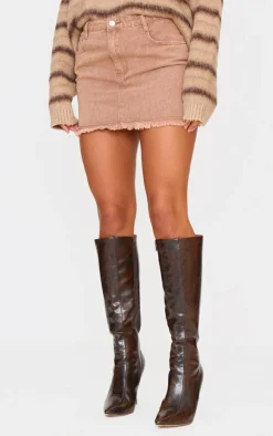 Online PrettyLittleThing Raw Hem Denim Mini Skirt Washed Taupe