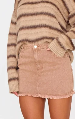 Online PrettyLittleThing Raw Hem Denim Mini Skirt Washed Taupe