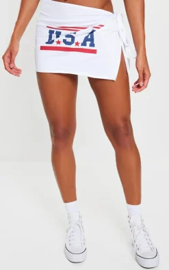 Sale PrettyLittleThing 1908 Printed Tie Side Skirt White