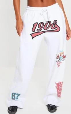 New PrettyLittleThing 1908 Printed Wide Leg Sweatpants White