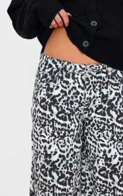 White And Black Leopard Print Turn Up Hem Wide Leg Jeans