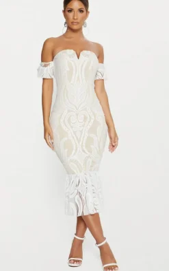 Bardot Lace Frill Hem Midi Dress-PrettyLittleThing Clearance