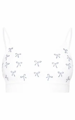 White Bow Print Ribbed Scoop Neck Bralette