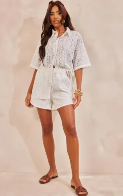 Clearance PrettyLittleThing Broderie Anglais Shorts White