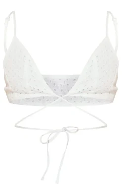Online PrettyLittleThing Broderie Anglais Tie Front Triangle Bralet White