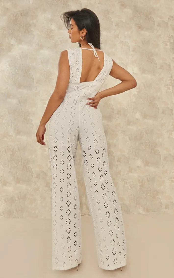 White Broderie Anglaise Tie Bust Sleeveless Jumpsuit