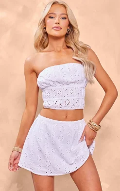 Best PrettyLittleThing Broderie Ruched Bandeau Top White