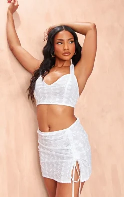 Discount PrettyLittleThing Broderie Ruched Detail Mini Skirt White
