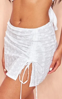 Discount PrettyLittleThing Broderie Ruched Detail Mini Skirt White