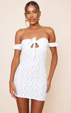 Broderie Tie Bardot Bodycon Dress-PrettyLittleThing New