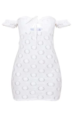 Broderie Tie Bardot Bodycon Dress-PrettyLittleThing New