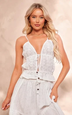 PrettyLittleThing Camisole*Broderie Tie Front Crop Cami Top