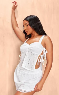 Sale PrettyLittleThing Broderie Tie Side Cami Top White