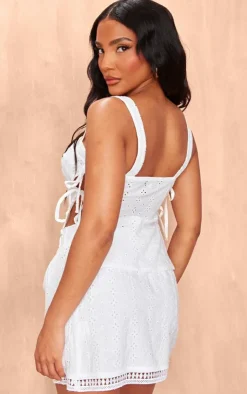 Sale PrettyLittleThing Broderie Tie Side Cami Top White
