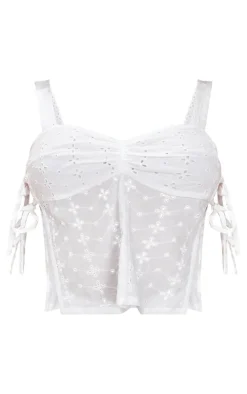 Sale PrettyLittleThing Broderie Tie Side Cami Top White