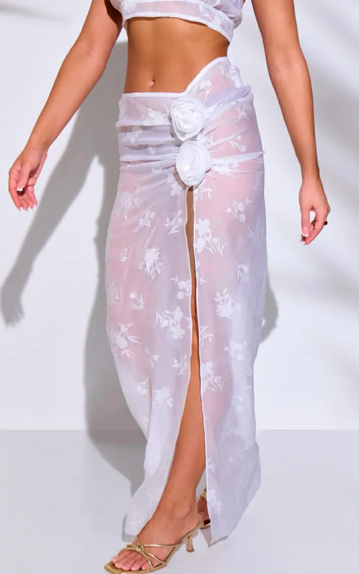 White Burnout Flower Applique Maxi Beach Skirt