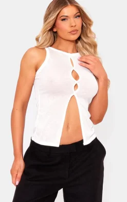 PrettyLittleThing Sleeveless Tops*Burnout Mesh Cut Out Split Hem Long Top
