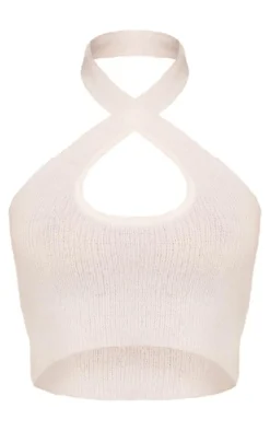 Discount PrettyLittleThing Candyfloss Knit Cross Front Crop Top White